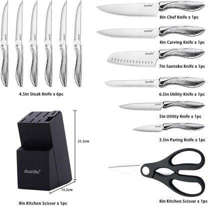 14 Piece Knife Block Set with Built-in Sharpener,Scissors | High Carbon Stainless Stee Kitchen Knife Set, Hammered Pattern Hollowed Handle Design