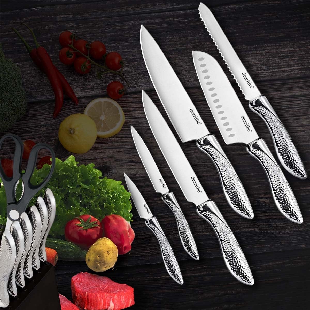 14 Piece Knife Block Set with Built-in Sharpener,Scissors | High Carbon Stainless Stee Kitchen Knife Set, Hammered Pattern Hollowed Handle Design