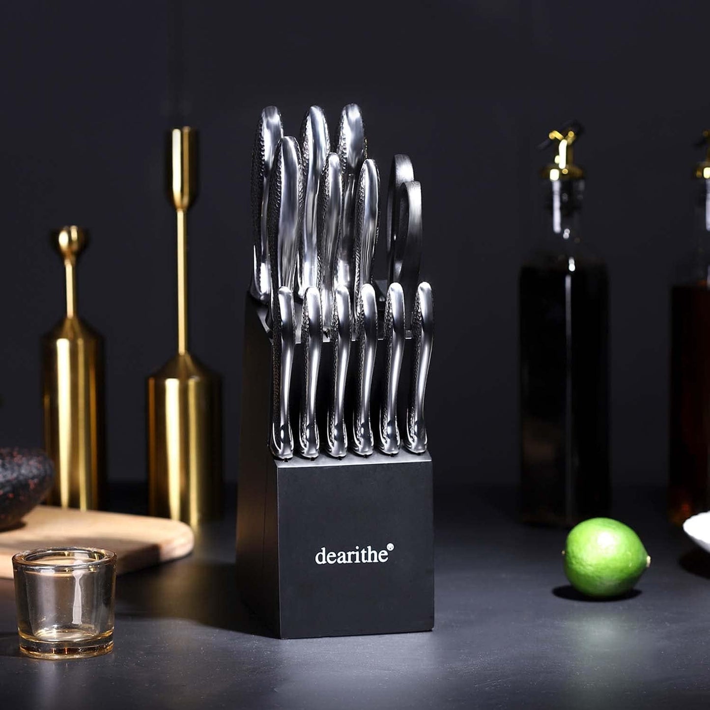 14 Piece Knife Block Set with Built-in Sharpener,Scissors | High Carbon Stainless Stee Kitchen Knife Set, Hammered Pattern Hollowed Handle Design