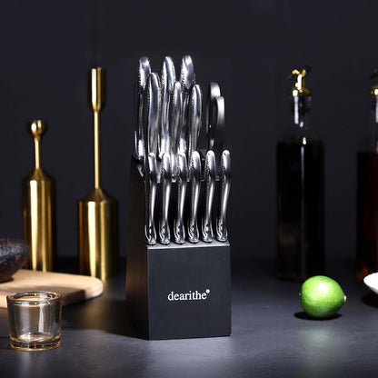 14 Piece Knife Block Set with Built-in Sharpener,Scissors | High Carbon Stainless Stee Kitchen Knife Set, Hammered Pattern Hollowed Handle Design