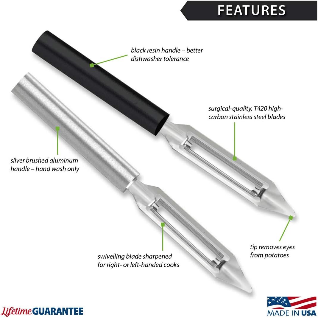 Vegetable Peeler (R132), Silver Handle | 1.75" Stainless Steel Swiveling Blade, Silver Cast Aluminum Handle