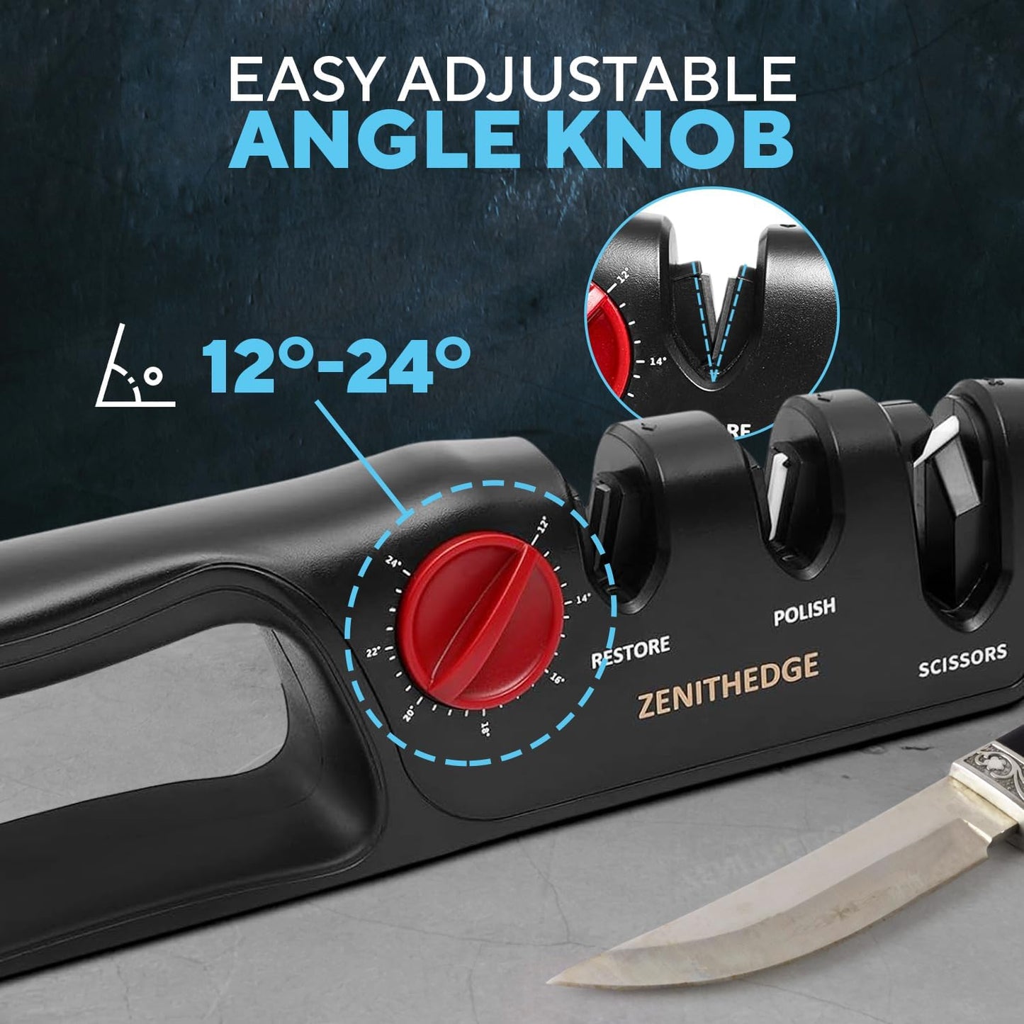 3-in-1 Adjustable Knife Sharpener 14-24 Angles for Kitchen, Fillet, Hunting, EDC, Pocket, Folding Knives- Tungsten Steel Ceramic Non-Slip Precision Sharpening Tool