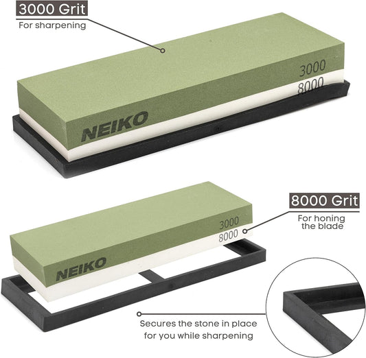 NEIKO 54003A Whetstone, Knife Sharpening Stone, 3000 & 8000 Grit, Coarse, 2 Side Sharpener Stone, Water Sharpening Stone Set, Scissor, Blade, Kitchen Knife Sharpener Stone, Wet Stone Sharpening Kit