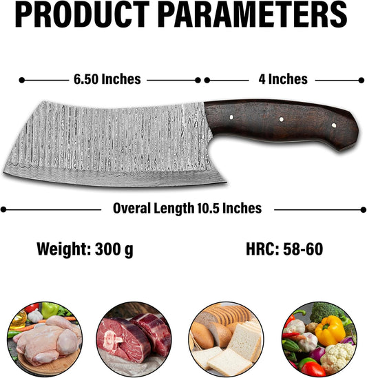 Cleaver Knife, Butcher Knife, Meat knife, Cleaver Chef knife, Meat Cleaver Knife, 7 Inch Damascus Meat Cleaver Butcher Knive For Meat Cutting With Pakkawood Handle & Leather Sheath