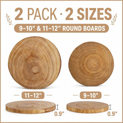2 Pack Large Wood Slab Serving Board, 9"-10"/11"-12" Wood Cheese Server Round Board, Wooden Slices for Table Centerpieces