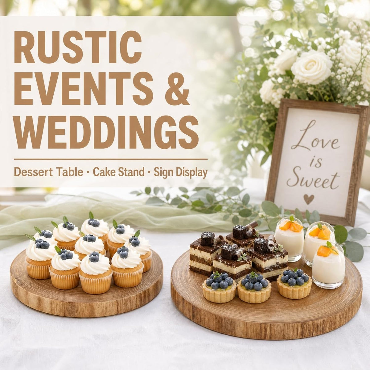 2 Pack Large Wood Slab Serving Board, 9"-10"/11"-12" Wood Cheese Server Round Board, Wooden Slices for Table Centerpieces