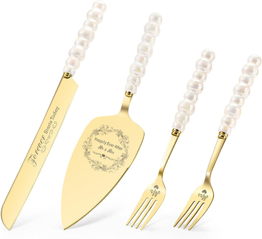 Wedding Cake Knife and Server Set, Gold Ceramic Pearl Handle | Cake Cutting Set for Weddings, Engagements, Anniversaries, and Engagement Gifts for Couples