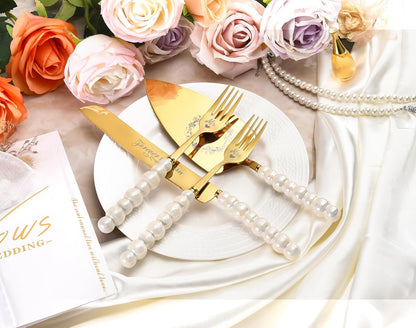 Wedding Cake Knife and Server Set, Gold Ceramic Pearl Handle | Cake Cutting Set for Weddings, Engagements, Anniversaries, and Engagement Gifts for Couples
