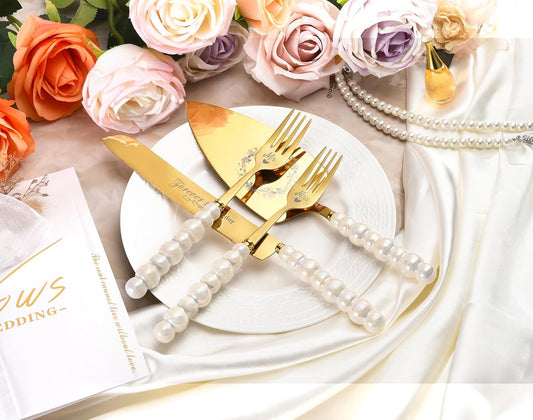 Wedding Cake Knife and Server Set, Gold Ceramic Pearl Handle | Cake Cutting Set for Weddings, Engagements, Anniversaries, and Engagement Gifts for Couples