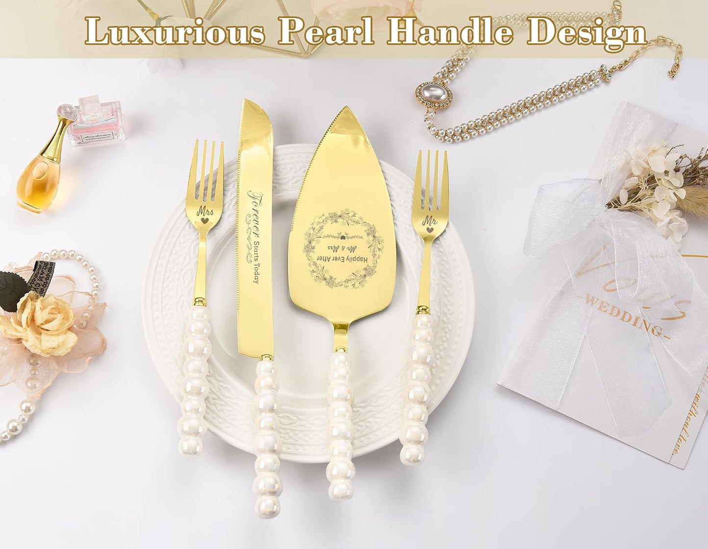 Wedding Cake Knife and Server Set, Gold Ceramic Pearl Handle | Cake Cutting Set for Weddings, Engagements, Anniversaries, and Engagement Gifts for Couples