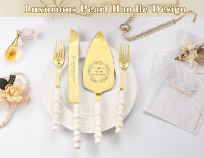 Wedding Cake Knife and Server Set, Gold Ceramic Pearl Handle | Cake Cutting Set for Weddings, Engagements, Anniversaries, and Engagement Gifts for Couples