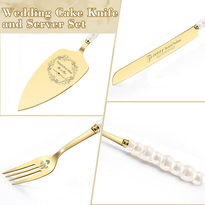Wedding Cake Knife and Server Set, Gold Ceramic Pearl Handle | Cake Cutting Set for Weddings, Engagements, Anniversaries, and Engagement Gifts for Couples