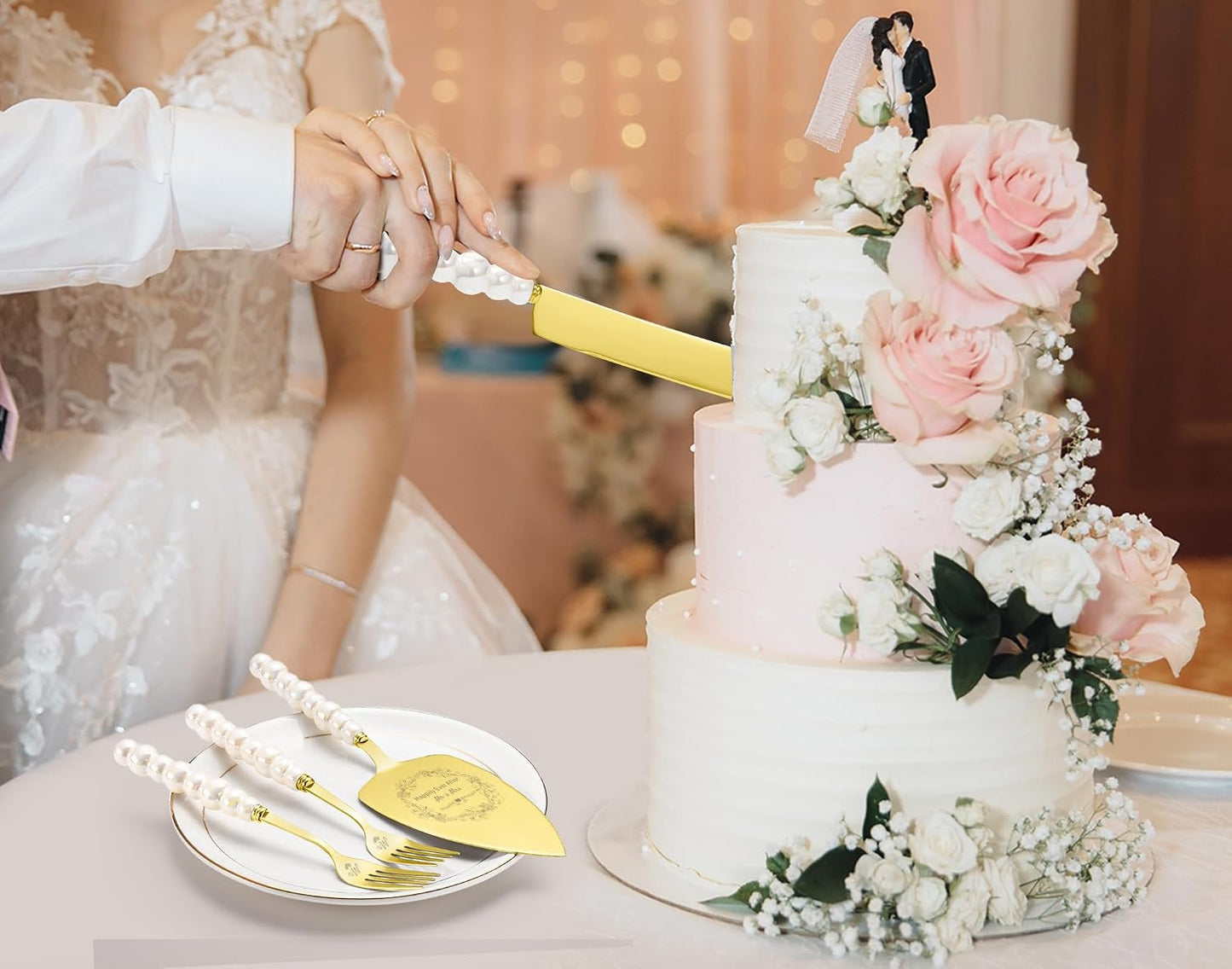 Wedding Cake Knife and Server Set, Gold Ceramic Pearl Handle | Cake Cutting Set for Weddings, Engagements, Anniversaries, and Engagement Gifts for Couples