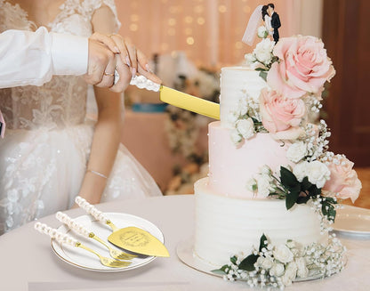 Wedding Cake Knife and Server Set, Gold Ceramic Pearl Handle | Cake Cutting Set for Weddings, Engagements, Anniversaries, and Engagement Gifts for Couples