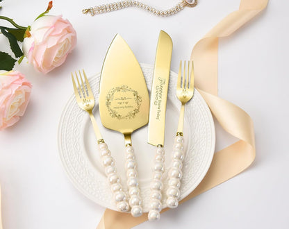 Wedding Cake Knife and Server Set, Gold Ceramic Pearl Handle | Cake Cutting Set for Weddings, Engagements, Anniversaries, and Engagement Gifts for Couples