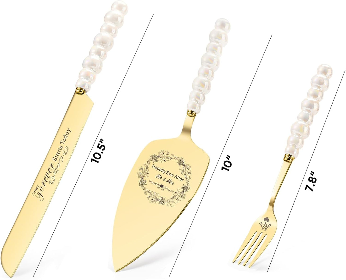 Wedding Cake Knife and Server Set, Gold Ceramic Pearl Handle | Cake Cutting Set for Weddings, Engagements, Anniversaries, and Engagement Gifts for Couples