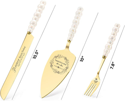 Wedding Cake Knife and Server Set, Gold Ceramic Pearl Handle | Cake Cutting Set for Weddings, Engagements, Anniversaries, and Engagement Gifts for Couples