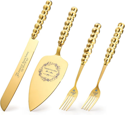 Wedding Cake Knife and Server Set, Gold Ceramic Pearl Handle | Cake Cutting Set for Weddings, Engagements, Anniversaries, and Engagement Gifts for Couples