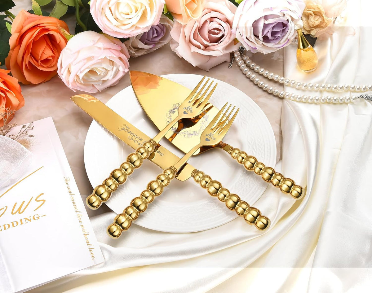 Wedding Cake Knife and Server Set, Gold Ceramic Pearl Handle | Cake Cutting Set for Weddings, Engagements, Anniversaries, and Engagement Gifts for Couples