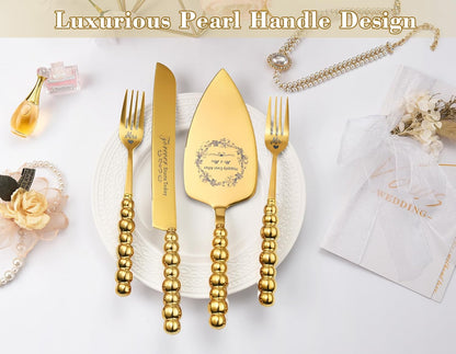 Wedding Cake Knife and Server Set, Gold Ceramic Pearl Handle | Cake Cutting Set for Weddings, Engagements, Anniversaries, and Engagement Gifts for Couples