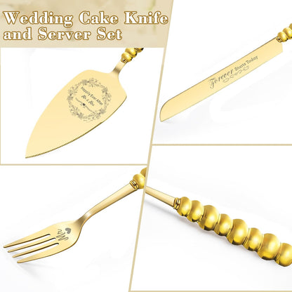Wedding Cake Knife and Server Set, Gold Ceramic Pearl Handle | Cake Cutting Set for Weddings, Engagements, Anniversaries, and Engagement Gifts for Couples