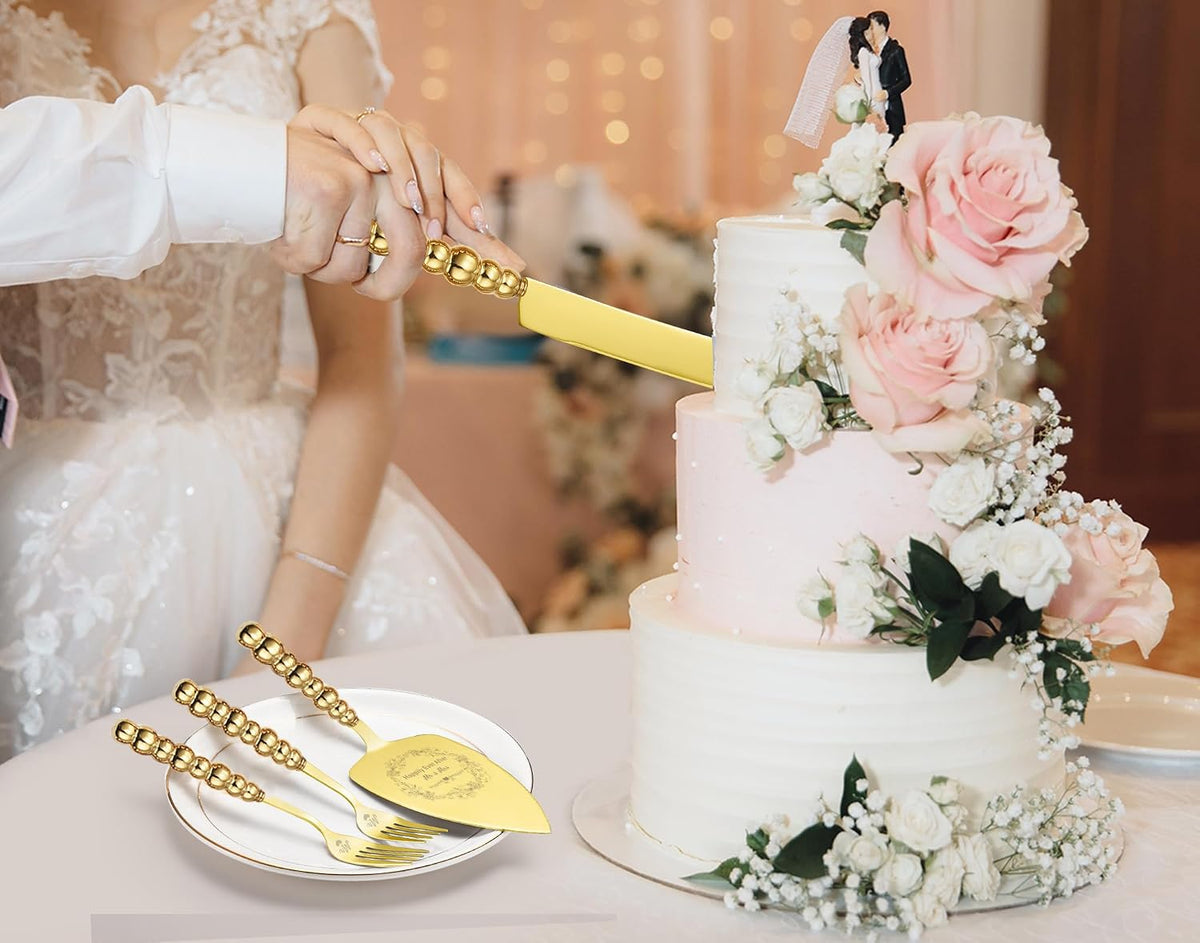 Wedding Cake Knife and Server Set, Gold Ceramic Pearl Handle | Cake Cutting Set for Weddings, Engagements, Anniversaries, and Engagement Gifts for Couples