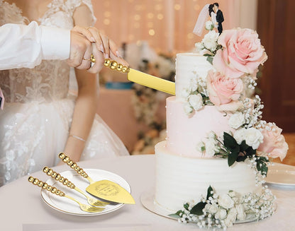 Wedding Cake Knife and Server Set, Gold Ceramic Pearl Handle | Cake Cutting Set for Weddings, Engagements, Anniversaries, and Engagement Gifts for Couples