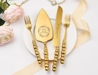 Wedding Cake Knife and Server Set, Gold Ceramic Pearl Handle | Cake Cutting Set for Weddings, Engagements, Anniversaries, and Engagement Gifts for Couples
