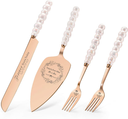 Wedding Cake Knife and Server Set, Gold Ceramic Pearl Handle | Cake Cutting Set for Weddings, Engagements, Anniversaries, and Engagement Gifts for Couples