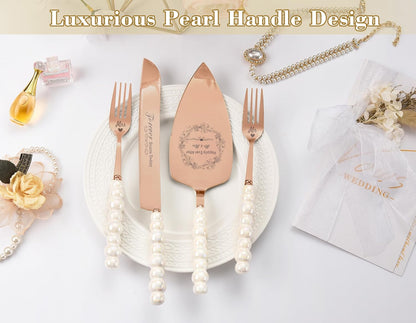 Wedding Cake Knife and Server Set, Gold Ceramic Pearl Handle | Cake Cutting Set for Weddings, Engagements, Anniversaries, and Engagement Gifts for Couples