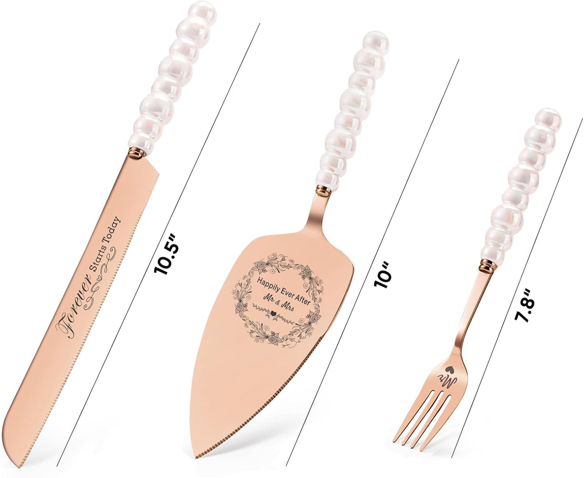 Wedding Cake Knife and Server Set, Gold Ceramic Pearl Handle | Cake Cutting Set for Weddings, Engagements, Anniversaries, and Engagement Gifts for Couples