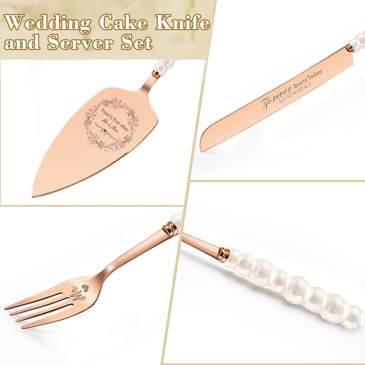 Wedding Cake Knife and Server Set, Gold Ceramic Pearl Handle | Cake Cutting Set for Weddings, Engagements, Anniversaries, and Engagement Gifts for Couples