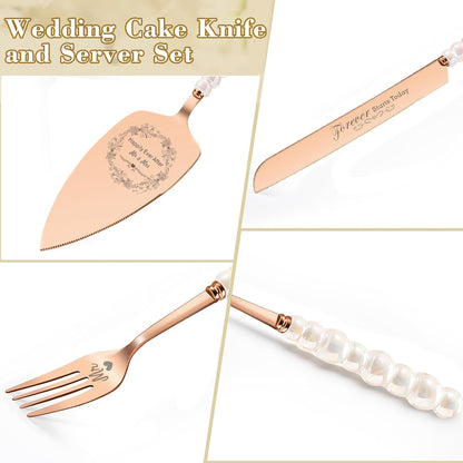 Wedding Cake Knife and Server Set, Gold Ceramic Pearl Handle | Cake Cutting Set for Weddings, Engagements, Anniversaries, and Engagement Gifts for Couples