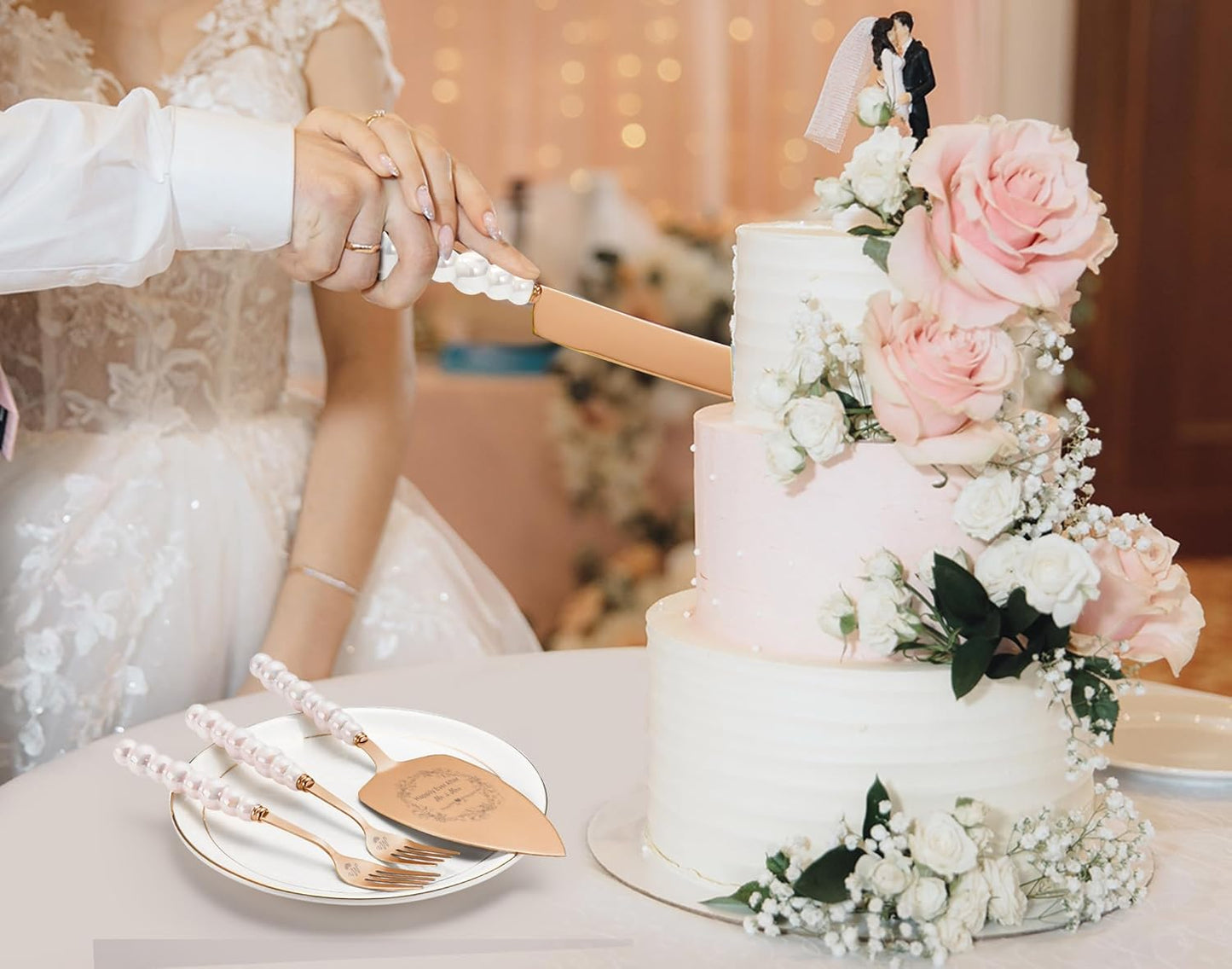 Wedding Cake Knife and Server Set, Gold Ceramic Pearl Handle | Cake Cutting Set for Weddings, Engagements, Anniversaries, and Engagement Gifts for Couples