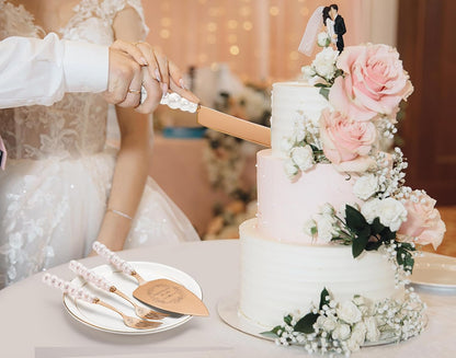 Wedding Cake Knife and Server Set, Gold Ceramic Pearl Handle | Cake Cutting Set for Weddings, Engagements, Anniversaries, and Engagement Gifts for Couples