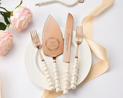 Wedding Cake Knife and Server Set, Gold Ceramic Pearl Handle | Cake Cutting Set for Weddings, Engagements, Anniversaries, and Engagement Gifts for Couples