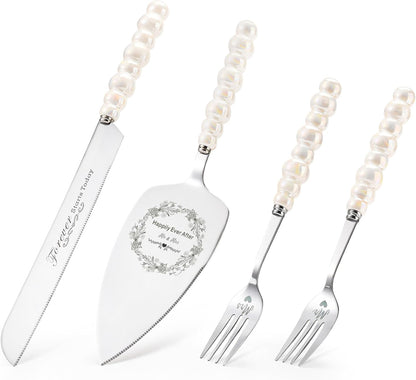 Wedding Cake Knife and Server Set, Gold Ceramic Pearl Handle | Cake Cutting Set for Weddings, Engagements, Anniversaries, and Engagement Gifts for Couples