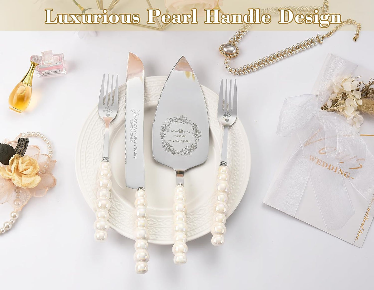 Wedding Cake Knife and Server Set, Gold Ceramic Pearl Handle | Cake Cutting Set for Weddings, Engagements, Anniversaries, and Engagement Gifts for Couples