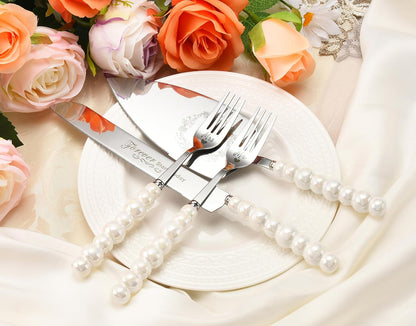 Wedding Cake Knife and Server Set, Gold Ceramic Pearl Handle | Cake Cutting Set for Weddings, Engagements, Anniversaries, and Engagement Gifts for Couples