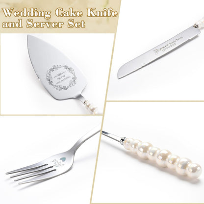 Wedding Cake Knife and Server Set, Gold Ceramic Pearl Handle | Cake Cutting Set for Weddings, Engagements, Anniversaries, and Engagement Gifts for Couples