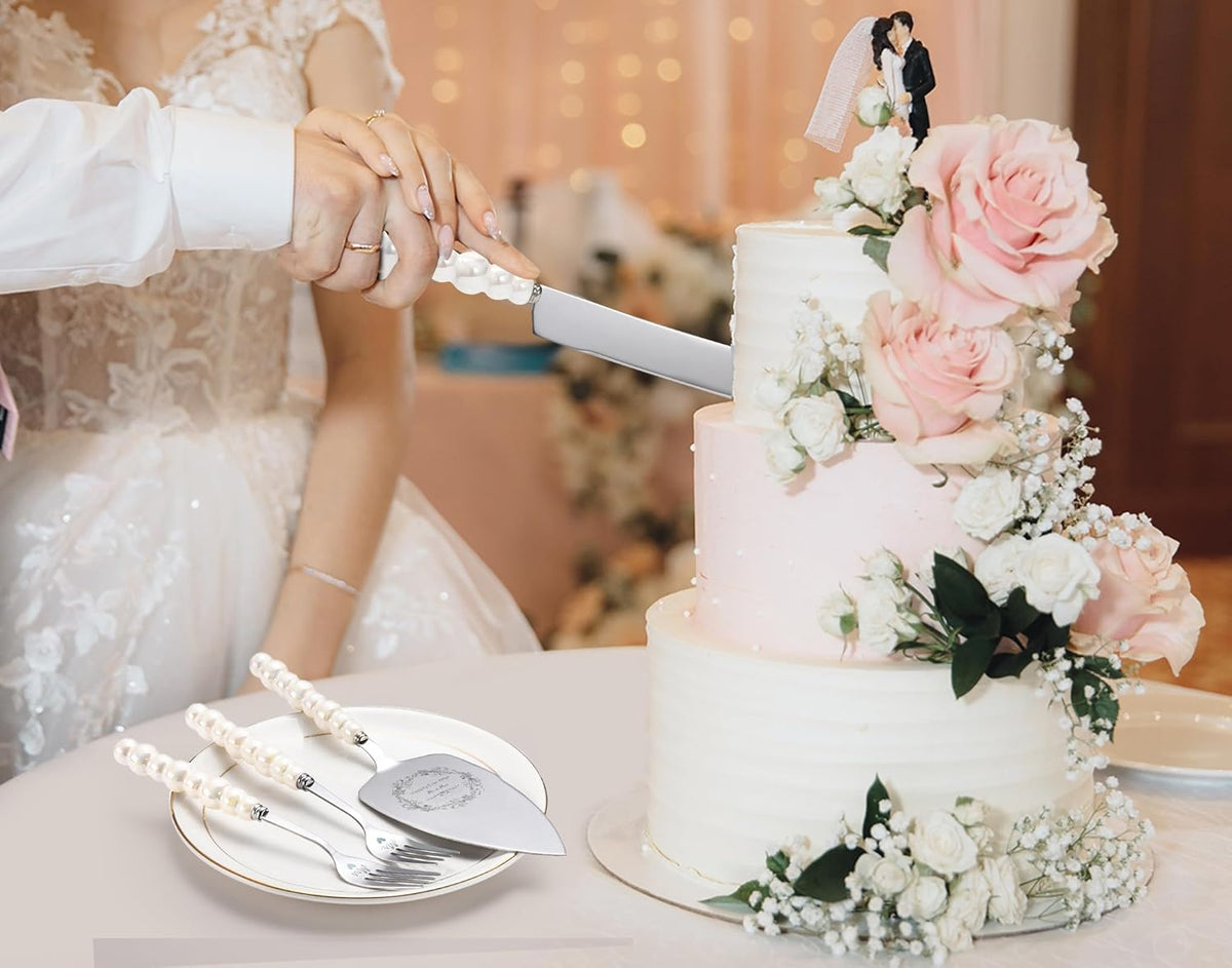 Wedding Cake Knife and Server Set, Gold Ceramic Pearl Handle | Cake Cutting Set for Weddings, Engagements, Anniversaries, and Engagement Gifts for Couples