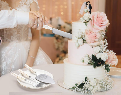 Wedding Cake Knife and Server Set, Gold Ceramic Pearl Handle | Cake Cutting Set for Weddings, Engagements, Anniversaries, and Engagement Gifts for Couples