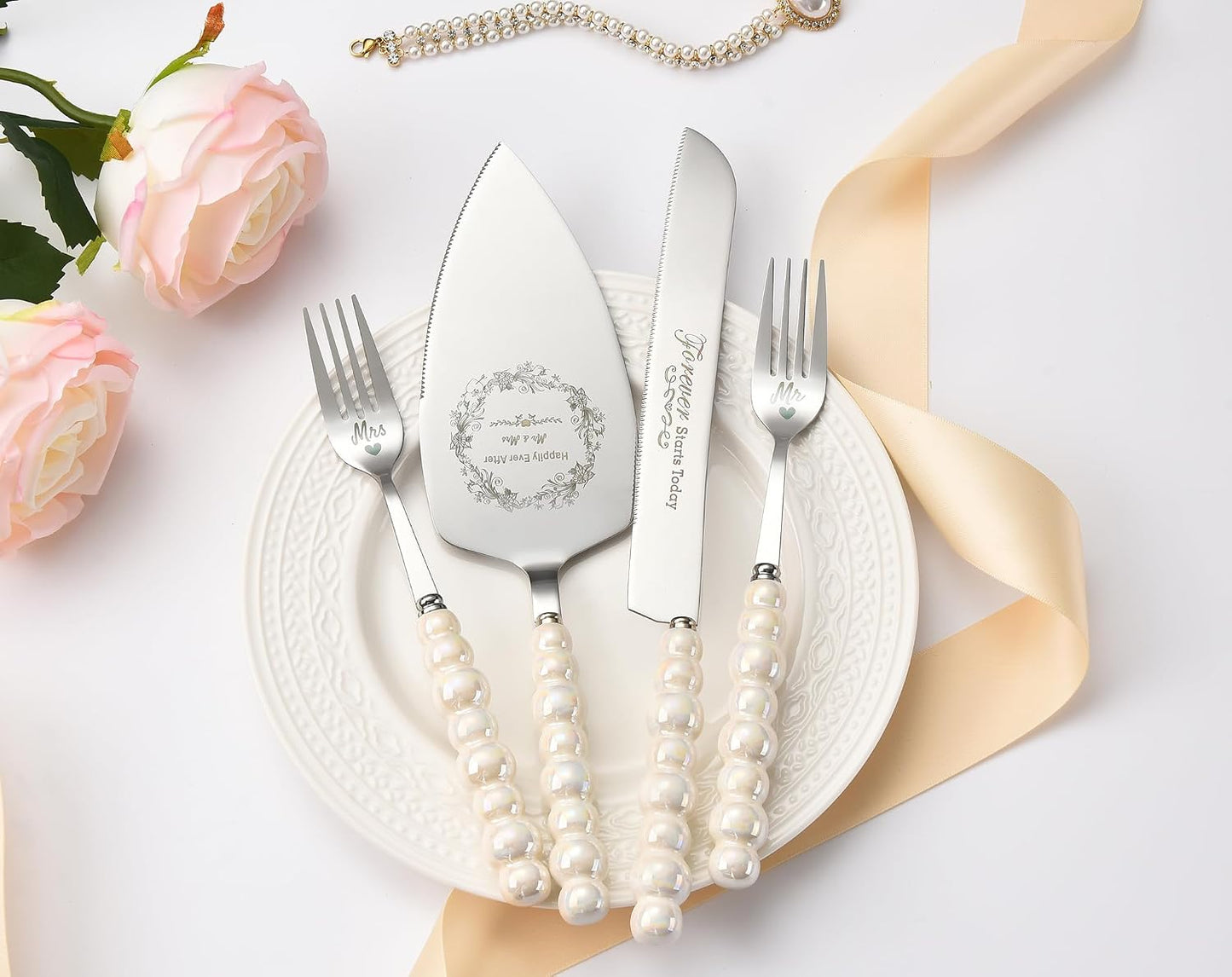 Wedding Cake Knife and Server Set, Gold Ceramic Pearl Handle | Cake Cutting Set for Weddings, Engagements, Anniversaries, and Engagement Gifts for Couples