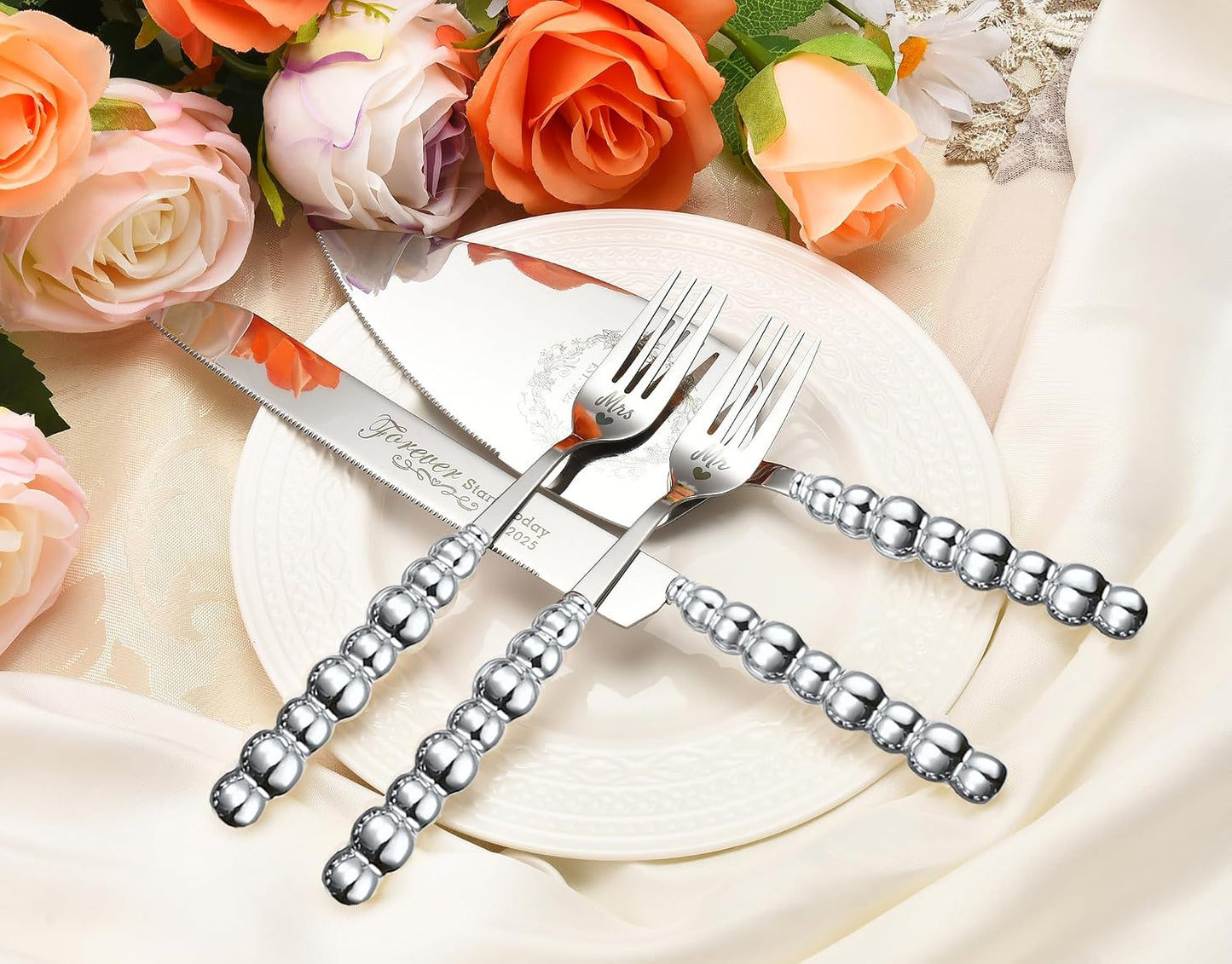 Wedding Cake Knife and Server Set, Gold Ceramic Pearl Handle | Cake Cutting Set for Weddings, Engagements, Anniversaries, and Engagement Gifts for Couples