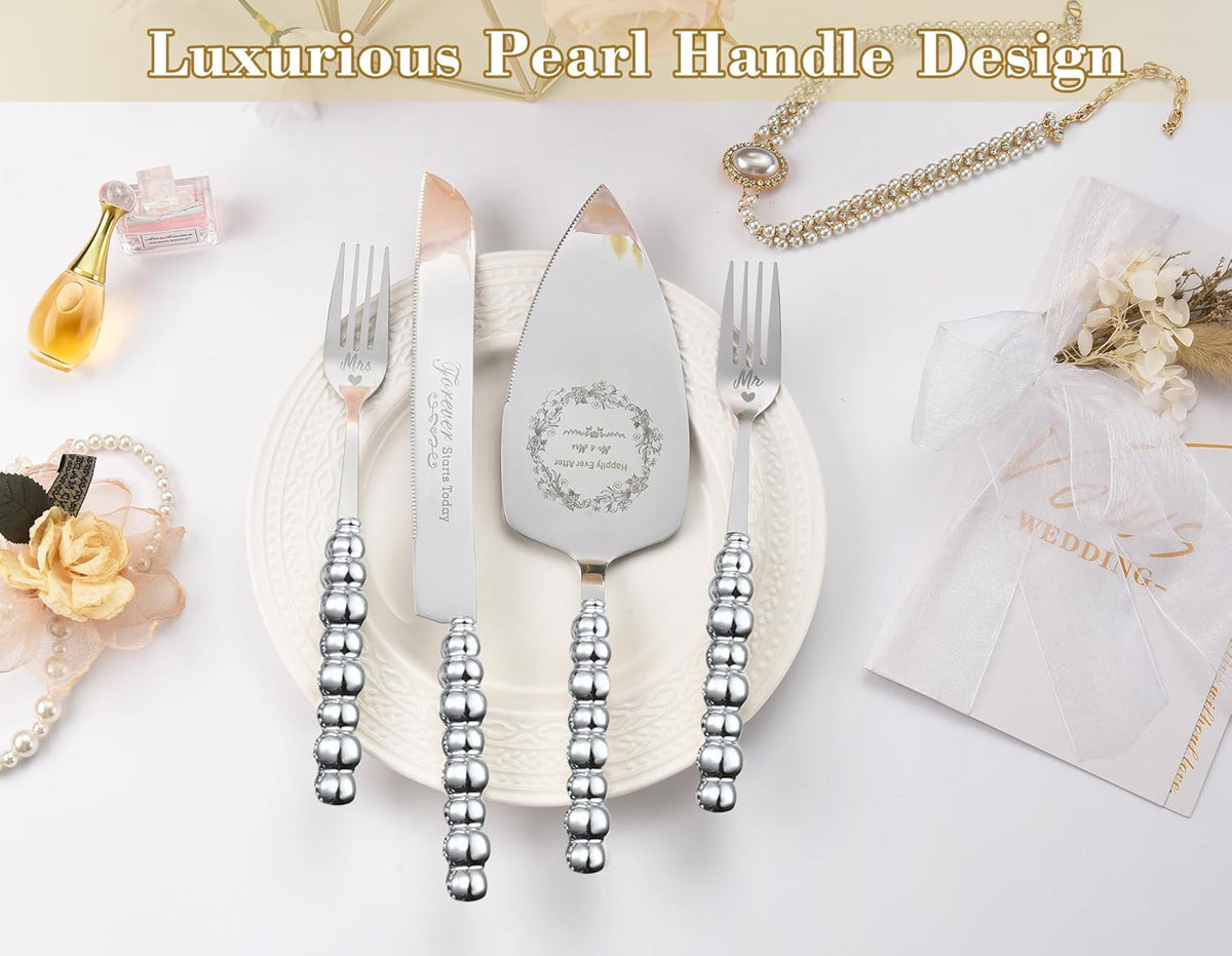 Wedding Cake Knife and Server Set, Gold Ceramic Pearl Handle | Cake Cutting Set for Weddings, Engagements, Anniversaries, and Engagement Gifts for Couples