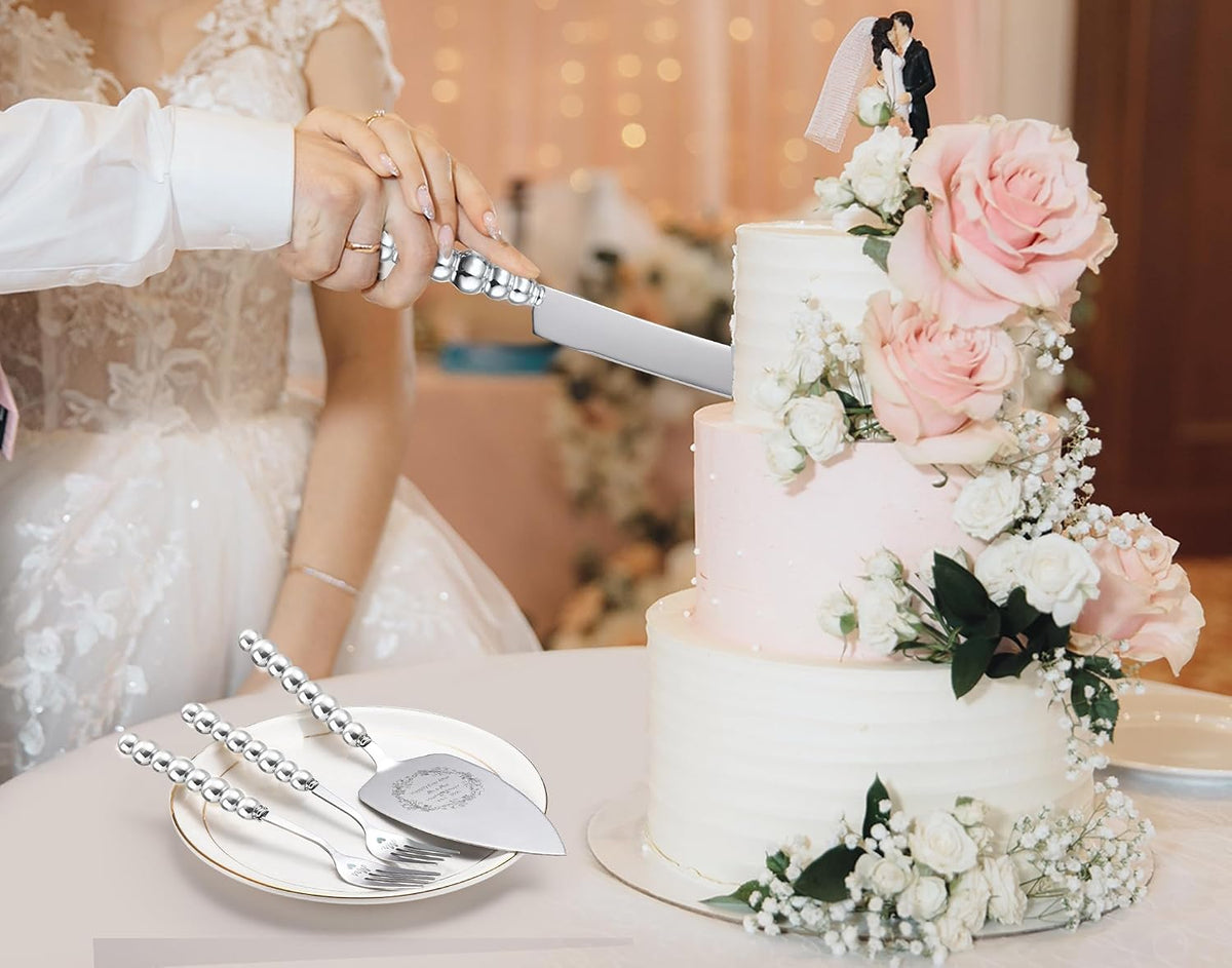 Wedding Cake Knife and Server Set, Gold Ceramic Pearl Handle | Cake Cutting Set for Weddings, Engagements, Anniversaries, and Engagement Gifts for Couples