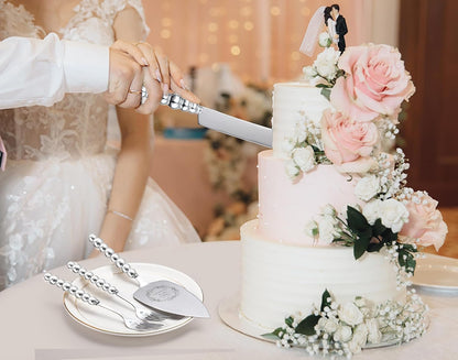 Wedding Cake Knife and Server Set, Gold Ceramic Pearl Handle | Cake Cutting Set for Weddings, Engagements, Anniversaries, and Engagement Gifts for Couples