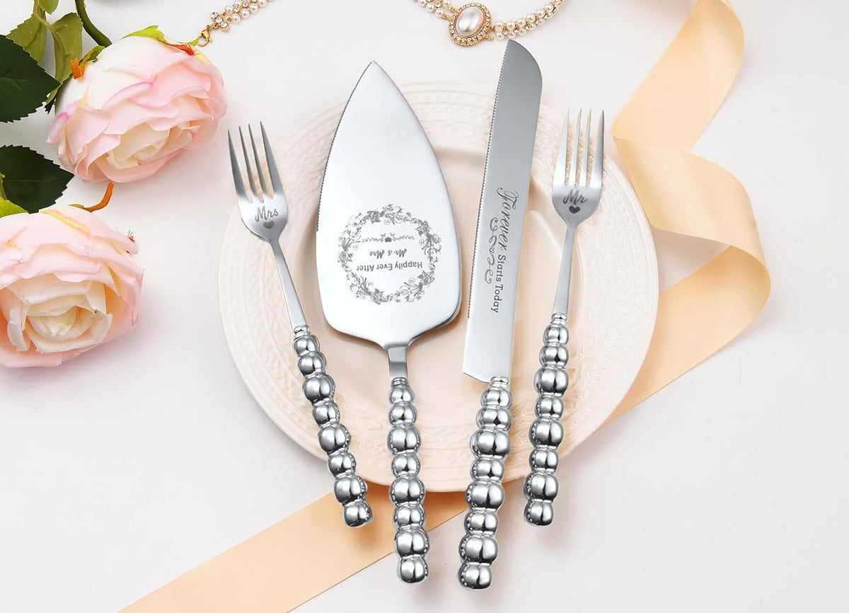 Wedding Cake Knife and Server Set, Gold Ceramic Pearl Handle | Cake Cutting Set for Weddings, Engagements, Anniversaries, and Engagement Gifts for Couples
