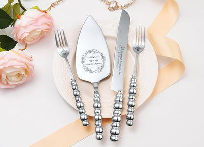 Wedding Cake Knife and Server Set, Gold Ceramic Pearl Handle | Cake Cutting Set for Weddings, Engagements, Anniversaries, and Engagement Gifts for Couples