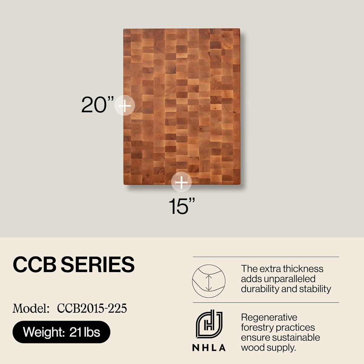 CCB Series Rectangular Wooden Maple Cutting Board 20”x15” | – 2.25” Thick, 21-lb Reversible Butcher Block with End-Grain & Finger Grips – Made in the USA